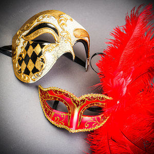 Gold Venetian Phantom Half-Face with Gold Red Flurry Feather Couple Mask